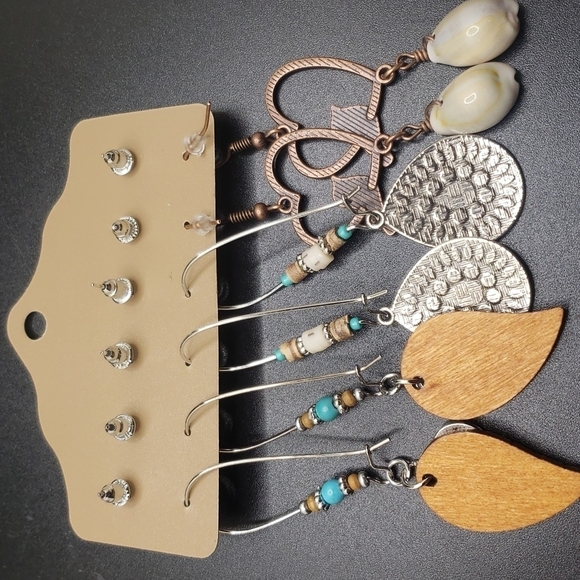 BOHEMIAN earrings dove heart pookah sea shell leaf 6 piece set - Picture 5 of 5